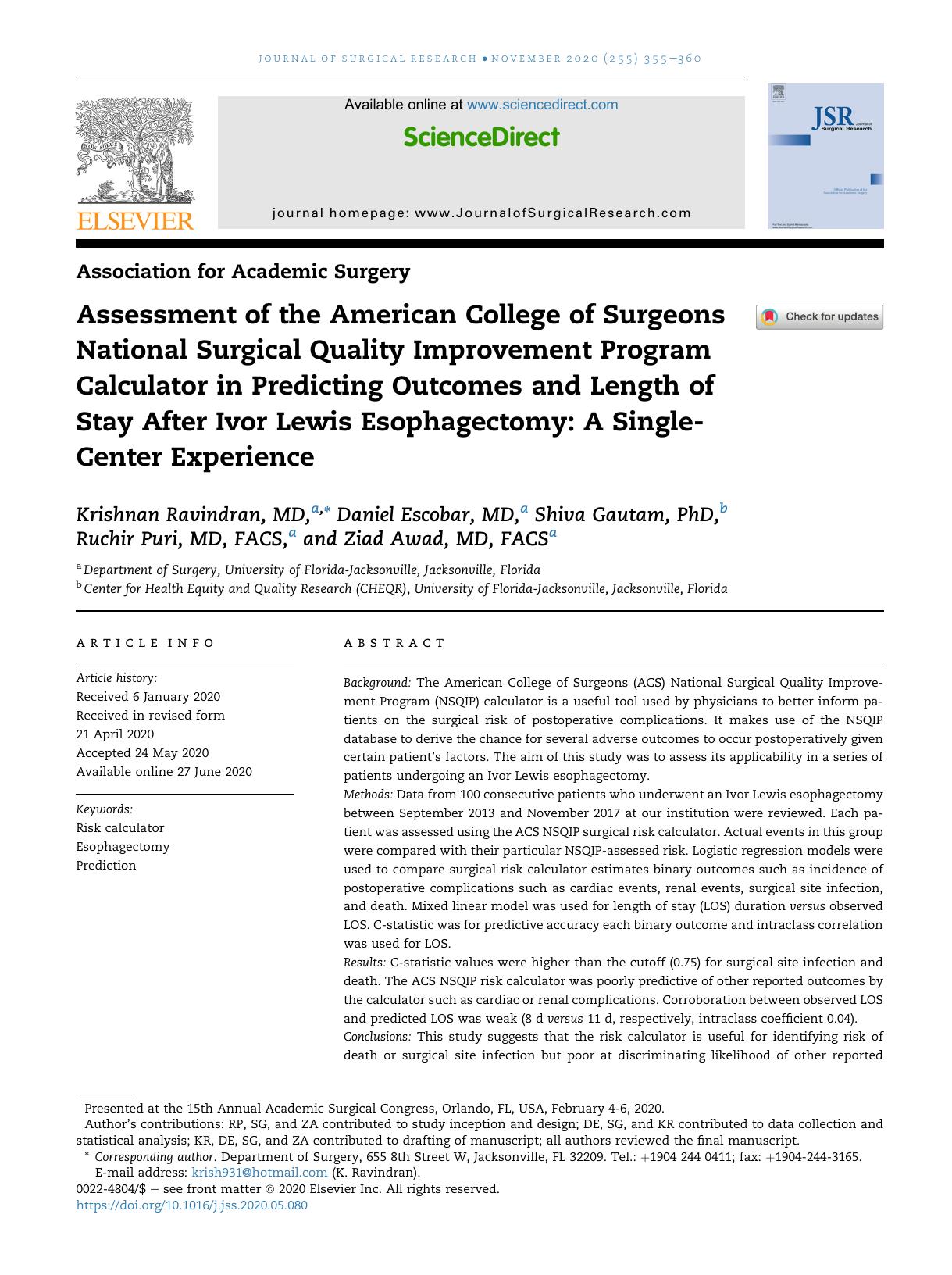Assessment of the American College of Surgeons National Surgical Quality Improvement Program Calculator in Predicting Outcomes and Length of Stay After Ivor Lewis Esophagectomy: A by unknow