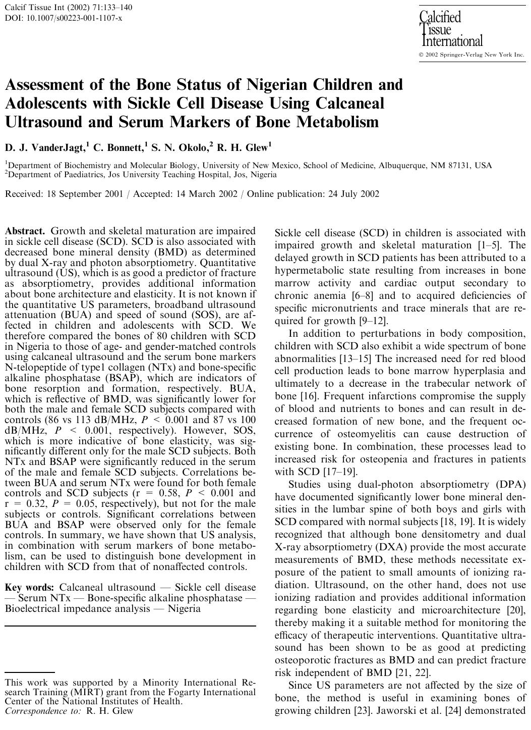 Assessment of the Bone Status of Nigerian Children and Adolescents with Sickle Cell Disease Using Calcaneal Ultrasound and Serum Markers of Bone Metabolism by VanderJagt D.J. et al