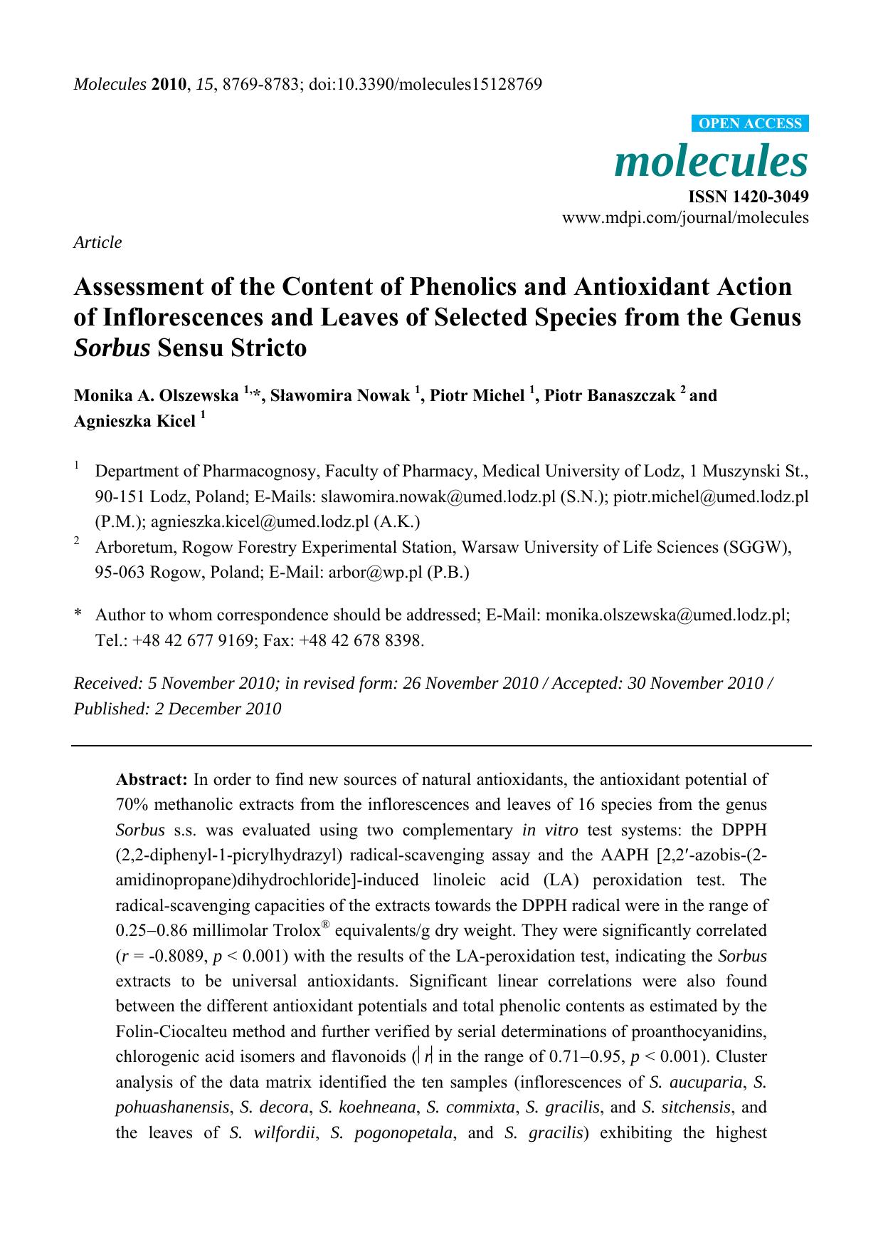 Assessment of the Content of Phenolics and Antioxidant Action of Inflorescences and Leaves of Selected Species from the Genus Sorbus Sensu Stricto by Monika A. Olszewska & Sławomira Nowak & Piotr Michel & Piotr Banaszczak & Agnieszka Kicel
