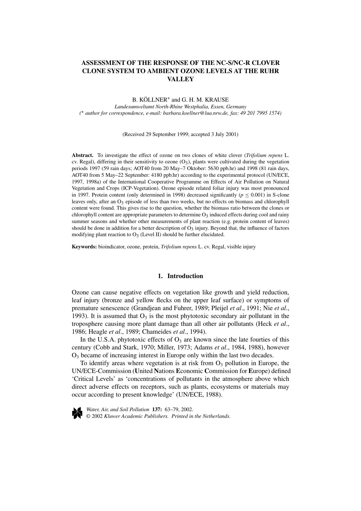 Assessment of the Response of the NC-SNC-R Clover Clone System to Ambient Ozone Levels at the Ruhr Valley by Unknown