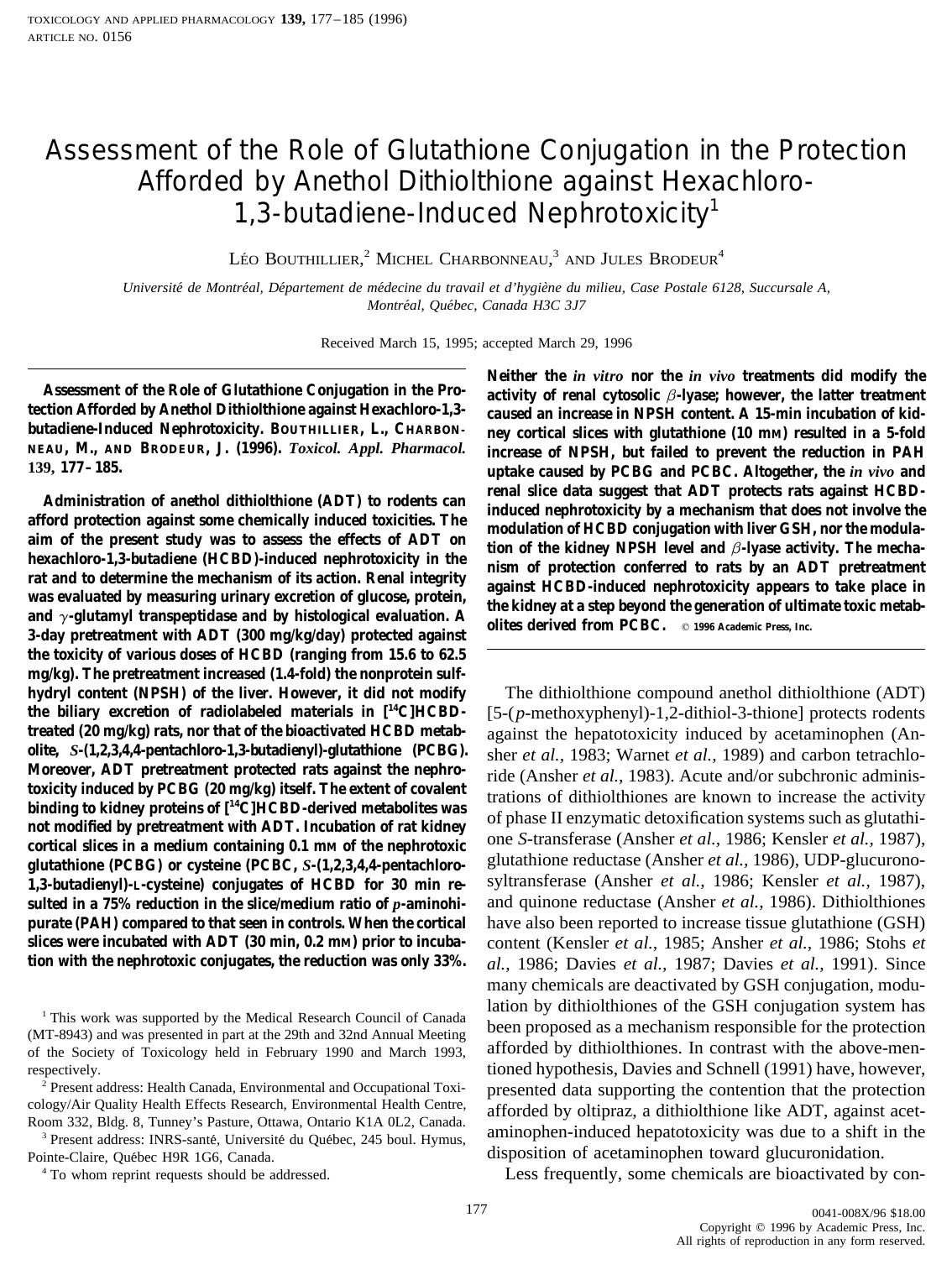 Assessment of the Role of Glutathione Conjugation in the Protection Afforded by Anethol Dithiolthione against Hexachloro- 1,3-butadiene-Induced Nephrotoxicity by Bouthillier L. et al