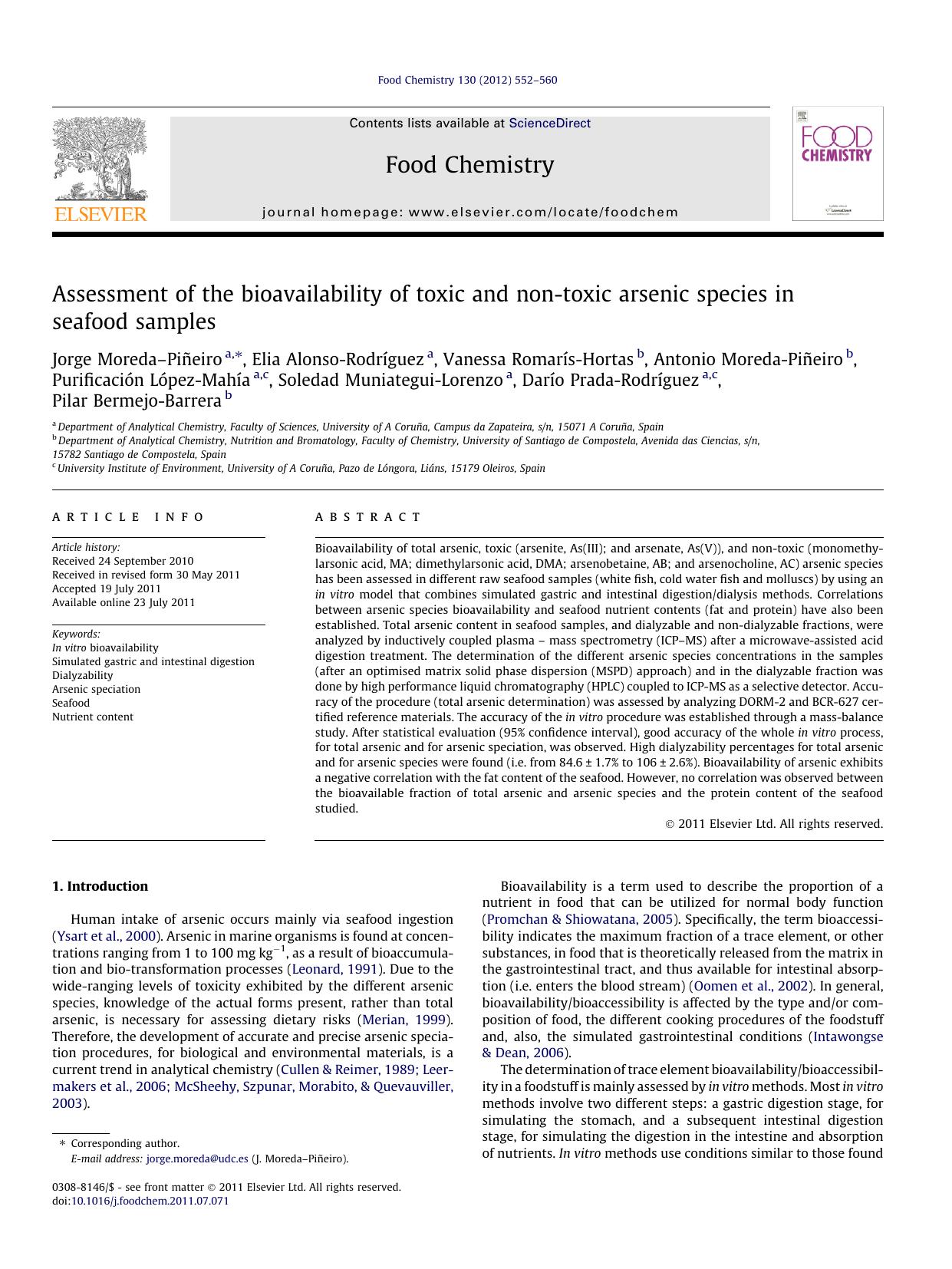 Assessment of the bioavailability of toxic and non-toxic arsenic species in seafood samples by unknow