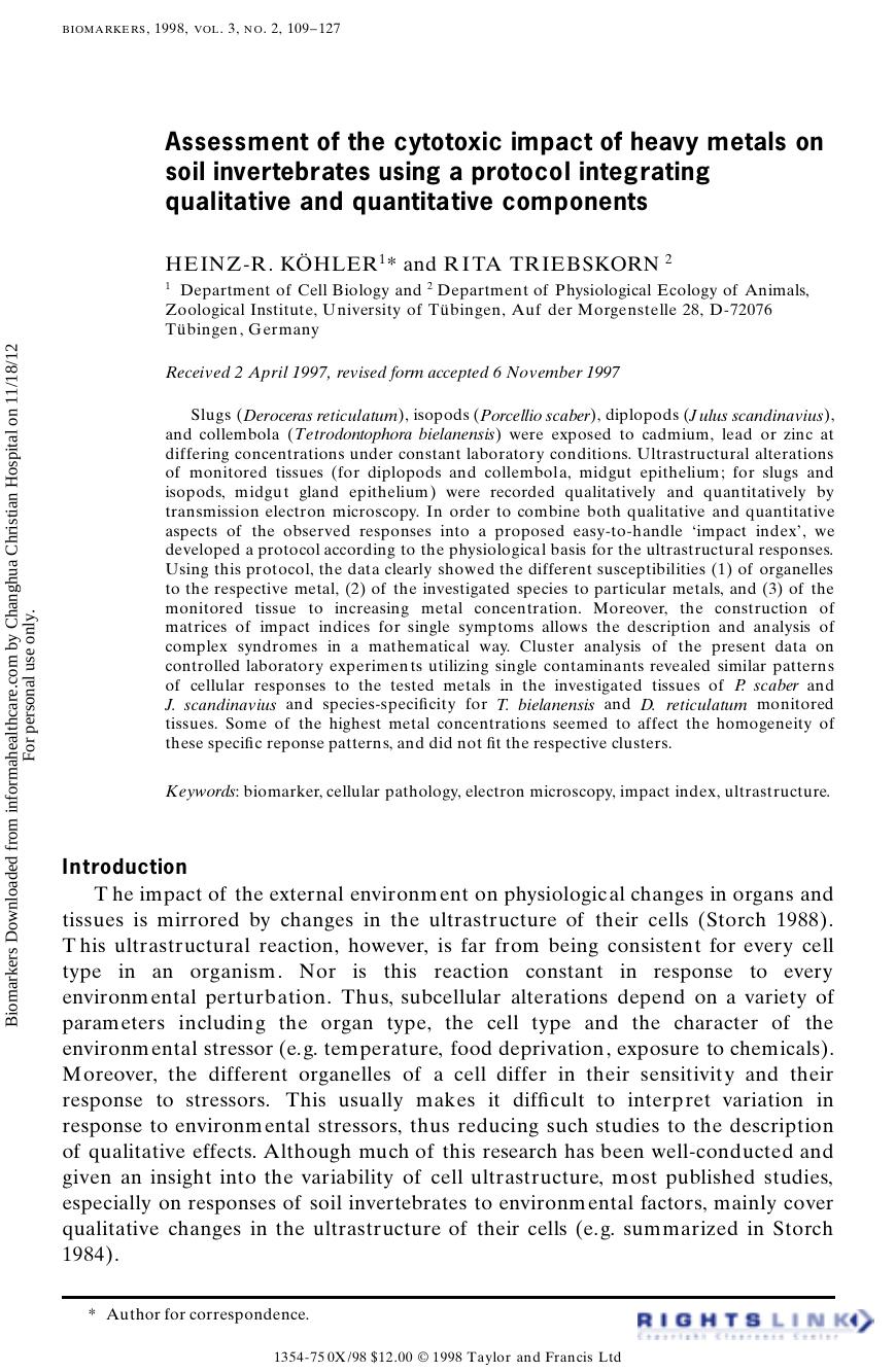 Assessment of the cytotoxic impact of heavy metals on soil invertebrates using a protocol integrating qualitative and quantitative components by HEINZ-R. KOHLER RITA TRIEBSKORN