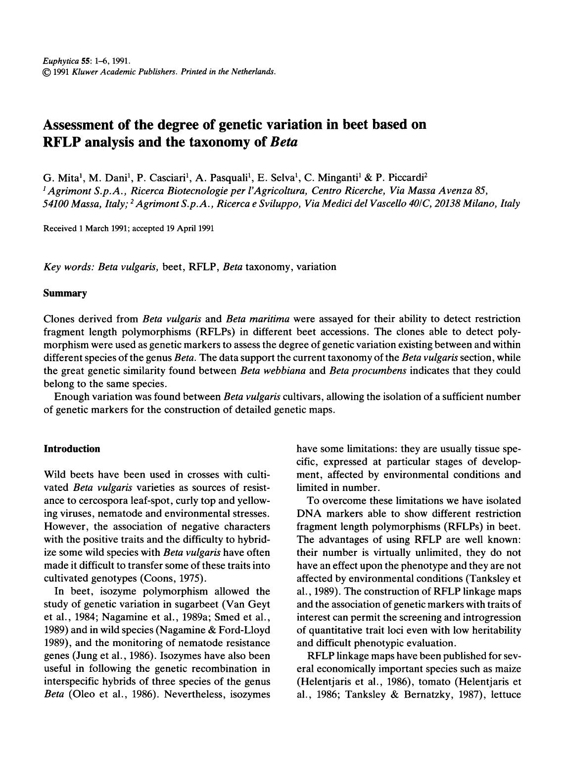 Assessment of the degree of genetic variation in beet based on RFLP analysis and the taxonomy of <Emphasis Type="Italic">Beta <Emphasis> by Unknown