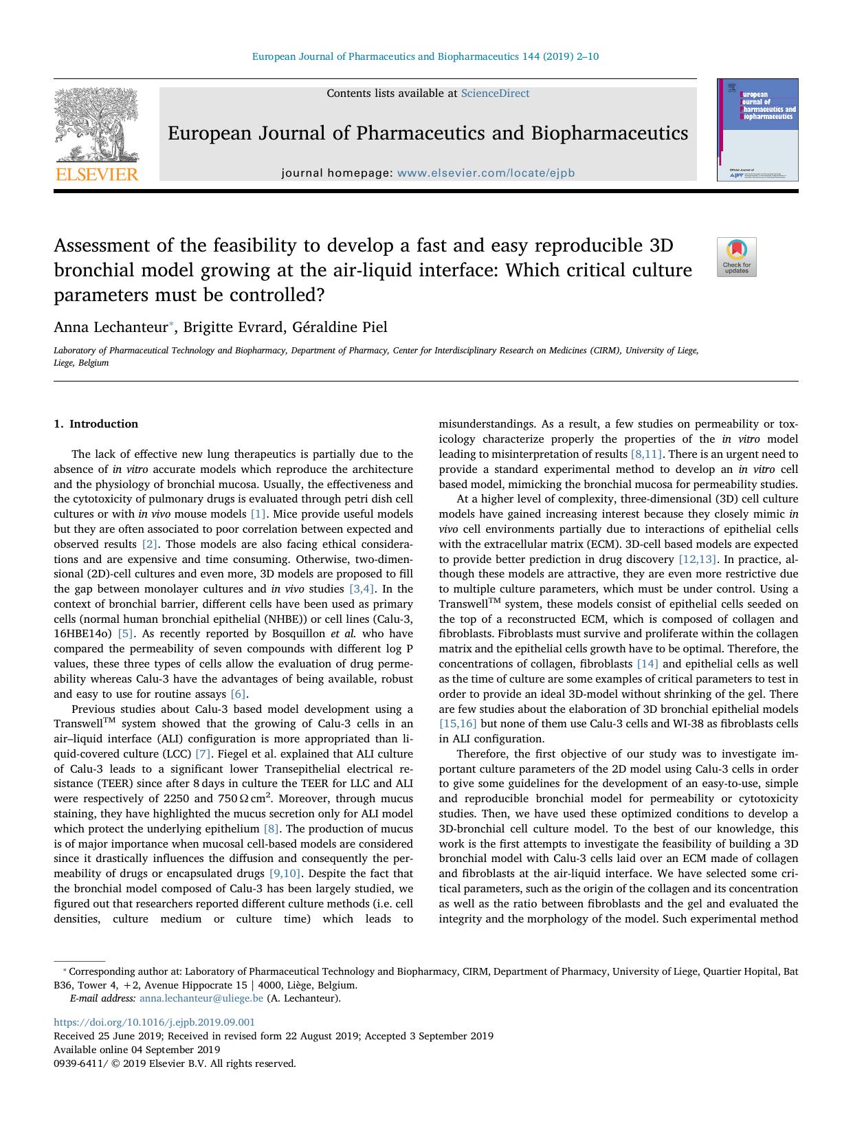 Assessment of the feasibility to develop a fast and easy reproducible 3D bronchial model growing at the air-liquid interface_ Which critical culture parameters must be controlled? by Anna Lechanteur & Brigitte Evrard & Géraldine Piel