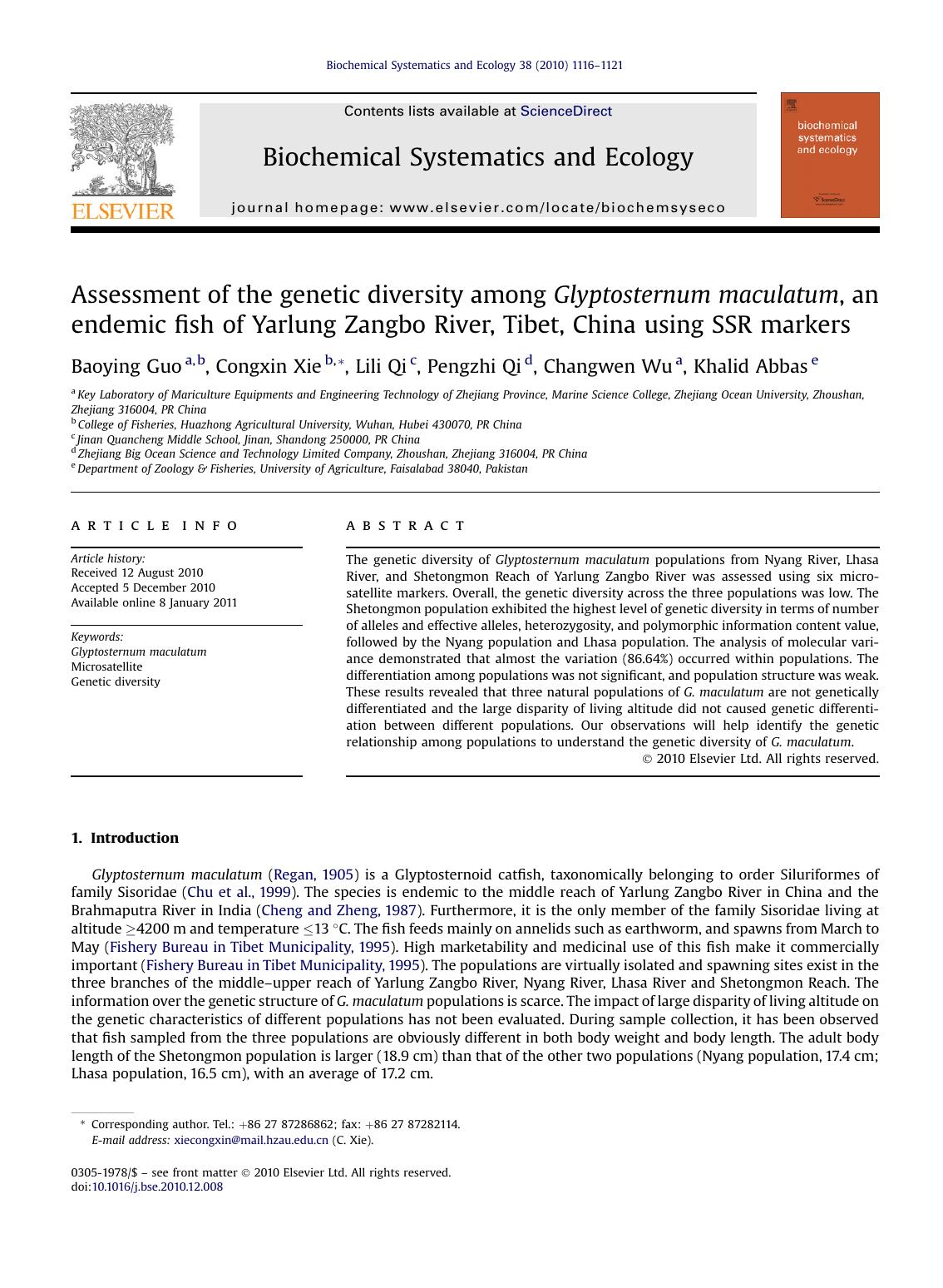 Assessment of the genetic diversity among Glyptosternum maculatum, an endemic fish of Yarlung Zangbo River, Tibet, China using SSR markers by Baoying Guo & Congxin Xie & Lili Qi & Pengzhi Qi & Changwen Wu & Khalid Abbas