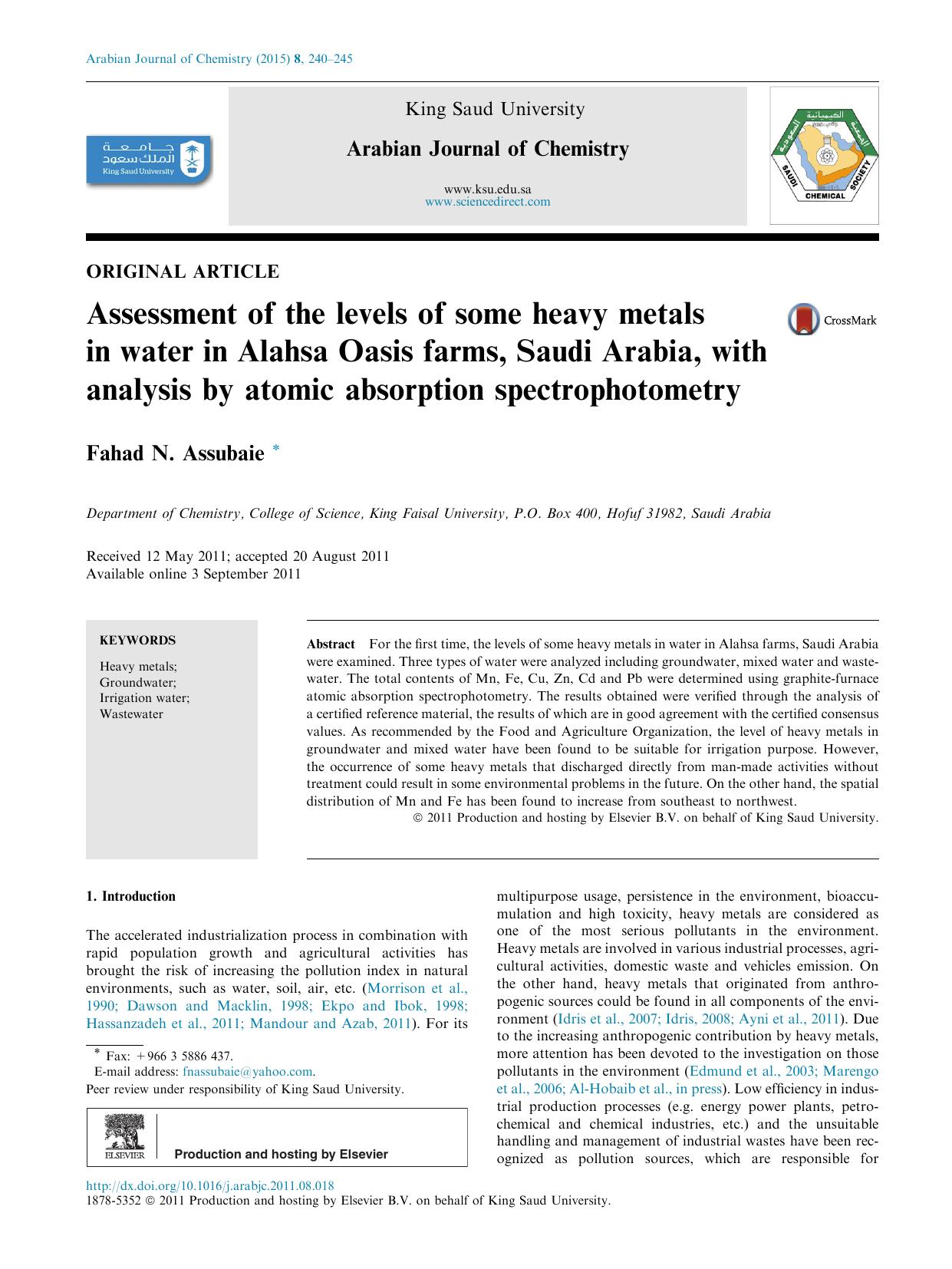 Assessment of the levels of some heavy metals in water in Alahsa Oasis farms, Saudi Arabia, with analysis by atomic absorption spectrophotometry by Fahad N. Assubaie