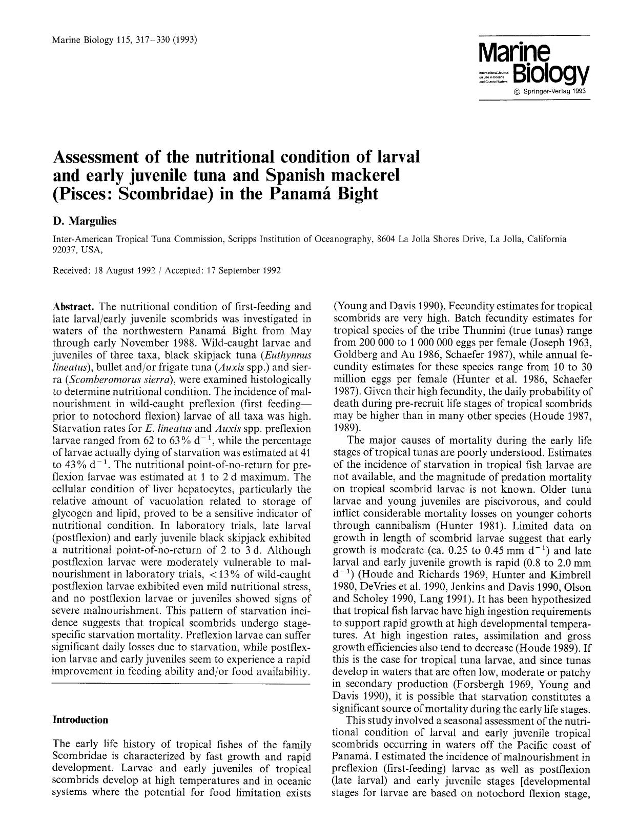 Assessment of the nutritional condition of larval and early juvenile tuna and Spanish mackerel (Pisces: Scombridae) in the Panamá Bight by Unknown