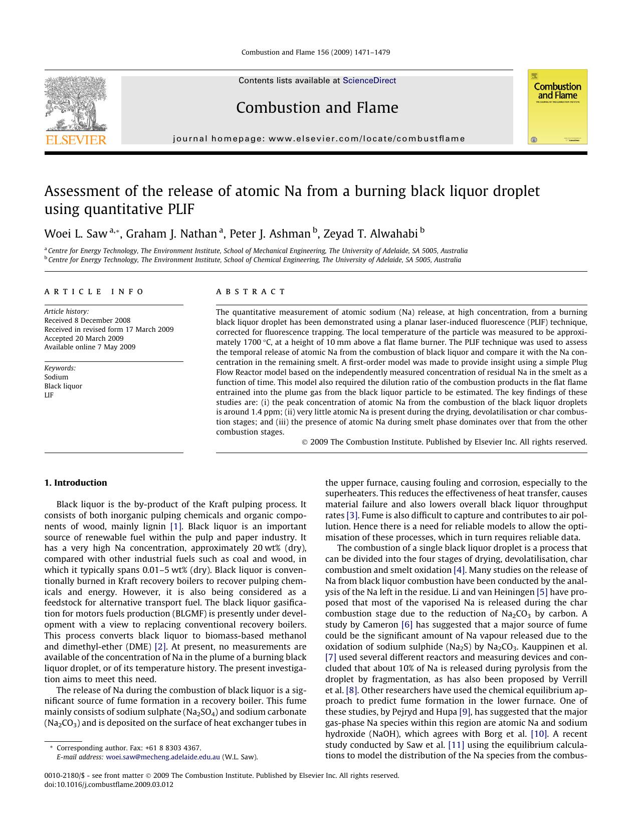 Assessment of the release of atomic Na from a burning black liquor droplet using quantitative PLIF by Woei L. Saw; Graham J. Nathan; Peter J. Ashman; Zeyad T. Alwahabi