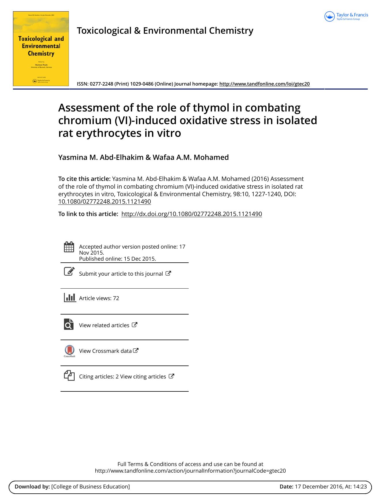 Assessment of the role of thymol in combating chromium \(VI\)-induced oxidative stress in isolated rat erythrocytes in vitro by Yasmina M. Abd-Elhakim & Wafaa A.M. Mohamed