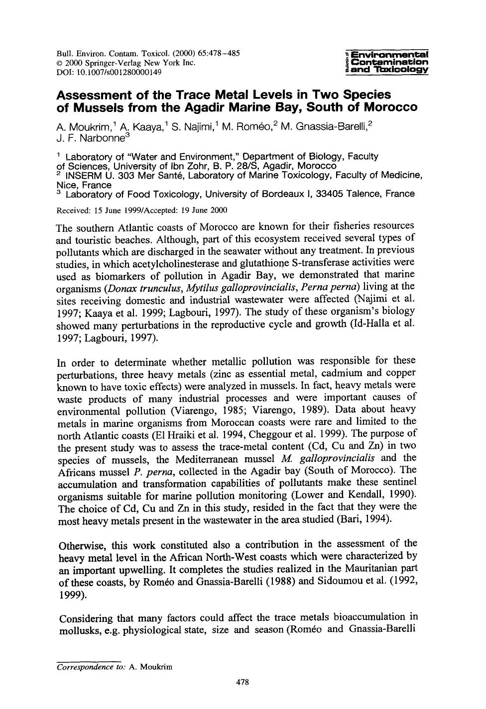 Assessment of the trace metal levels in two species of mussels from the Agadir Marine Bay, South of Morocco by Unknown