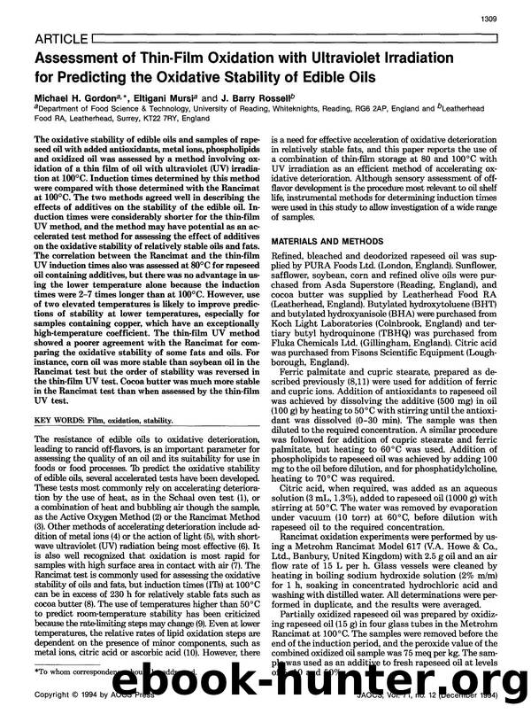 Assessment of thin-film oxidation with ultraviolet irradiation for predicting the oxidative stability of edible oils by Unknown