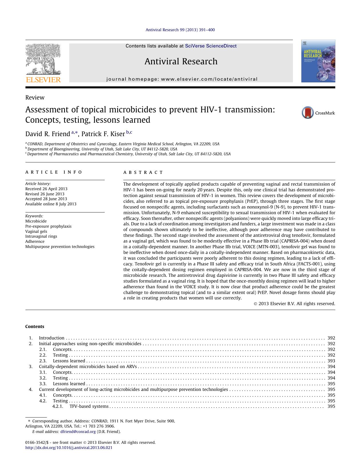 Assessment of topical microbicides to prevent HIV-1 transmission: Concepts, testing, lessons learned by David R. Friend & Patrick F. Kiser