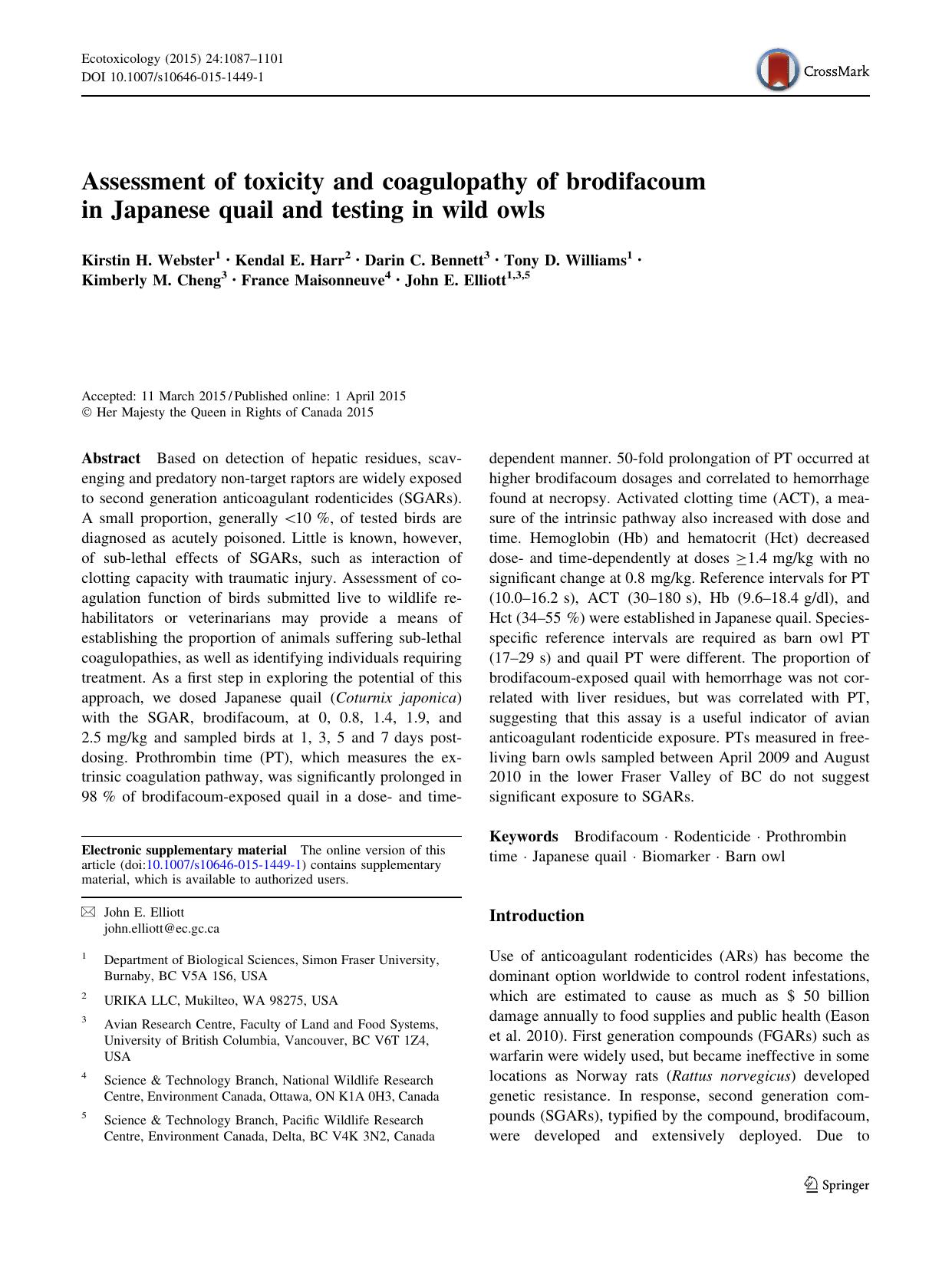 Assessment of toxicity and coagulopathy of brodifacoum in Japanese quail and testing in wild owls by unknow