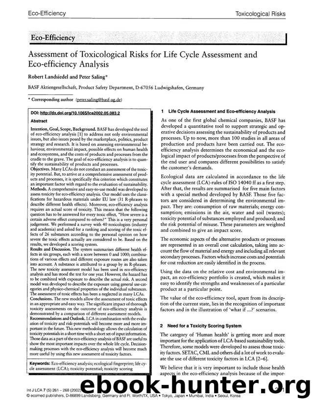 Assessment of toxicological risks for life cycle assessment and eco-efficiency analysis by Unknown