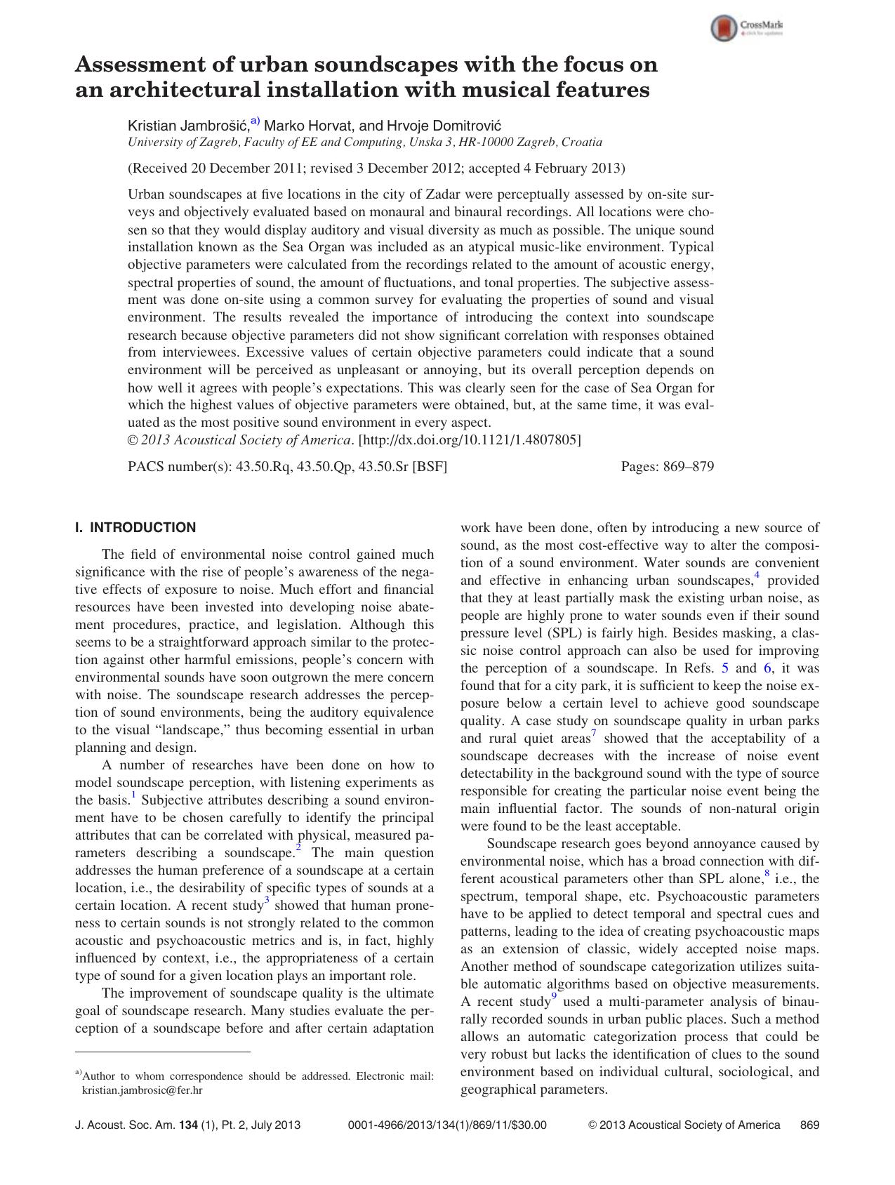 Assessment of urban soundscapes with the focus on an architectural installation with musical features by Kristian Jambro & sic´ a) Marko Horvat and Hrvoje Domitrovic´