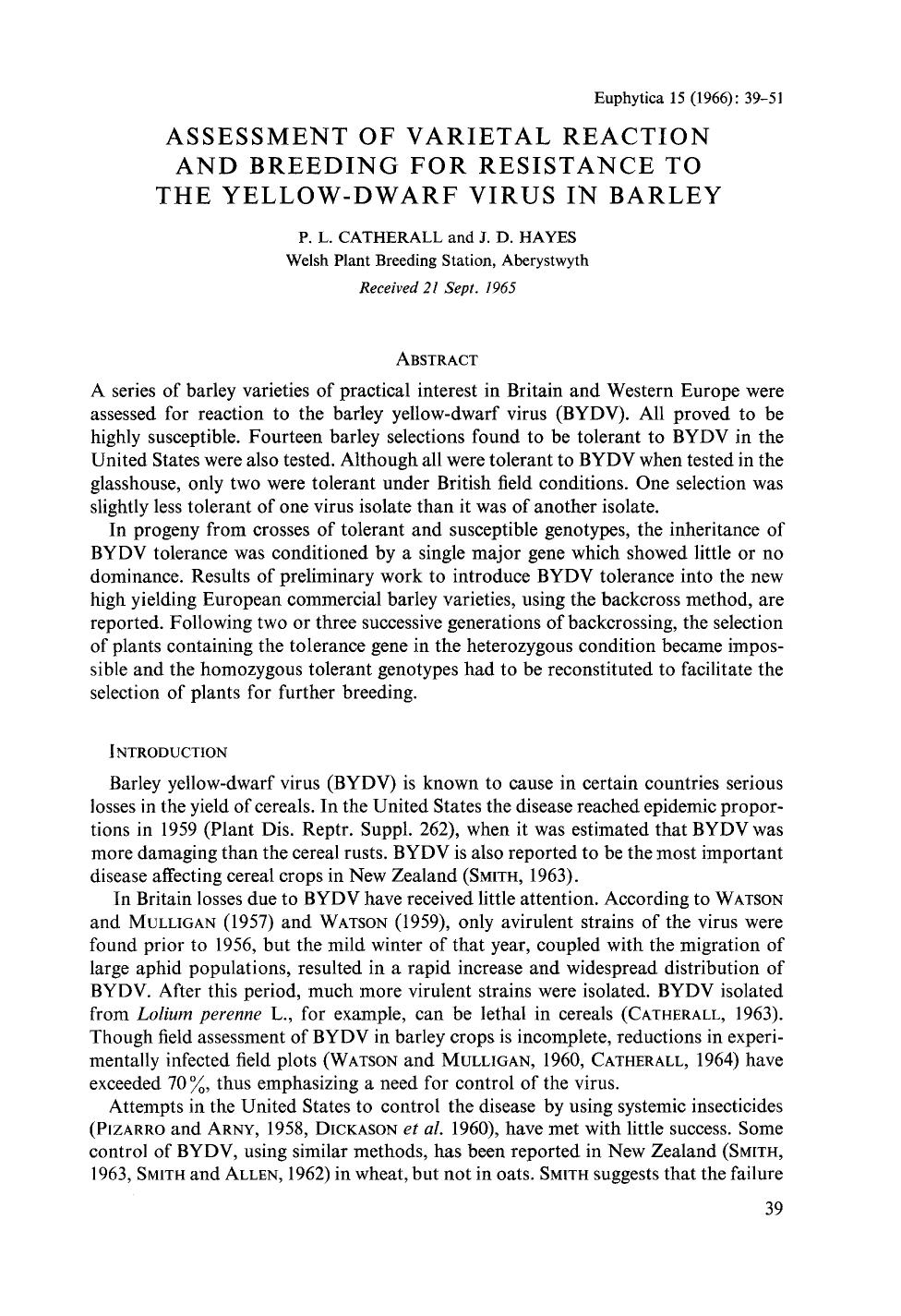 Assessment of varietal reaction and breeding for resistance to the yellow-dwarf virus in barley by Unknown