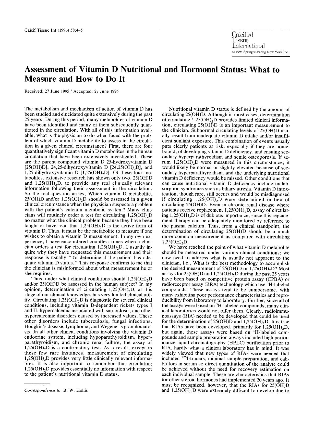 Assessment of vitamin D nutritional and hormonal status: What to measure and how to do it by Unknown