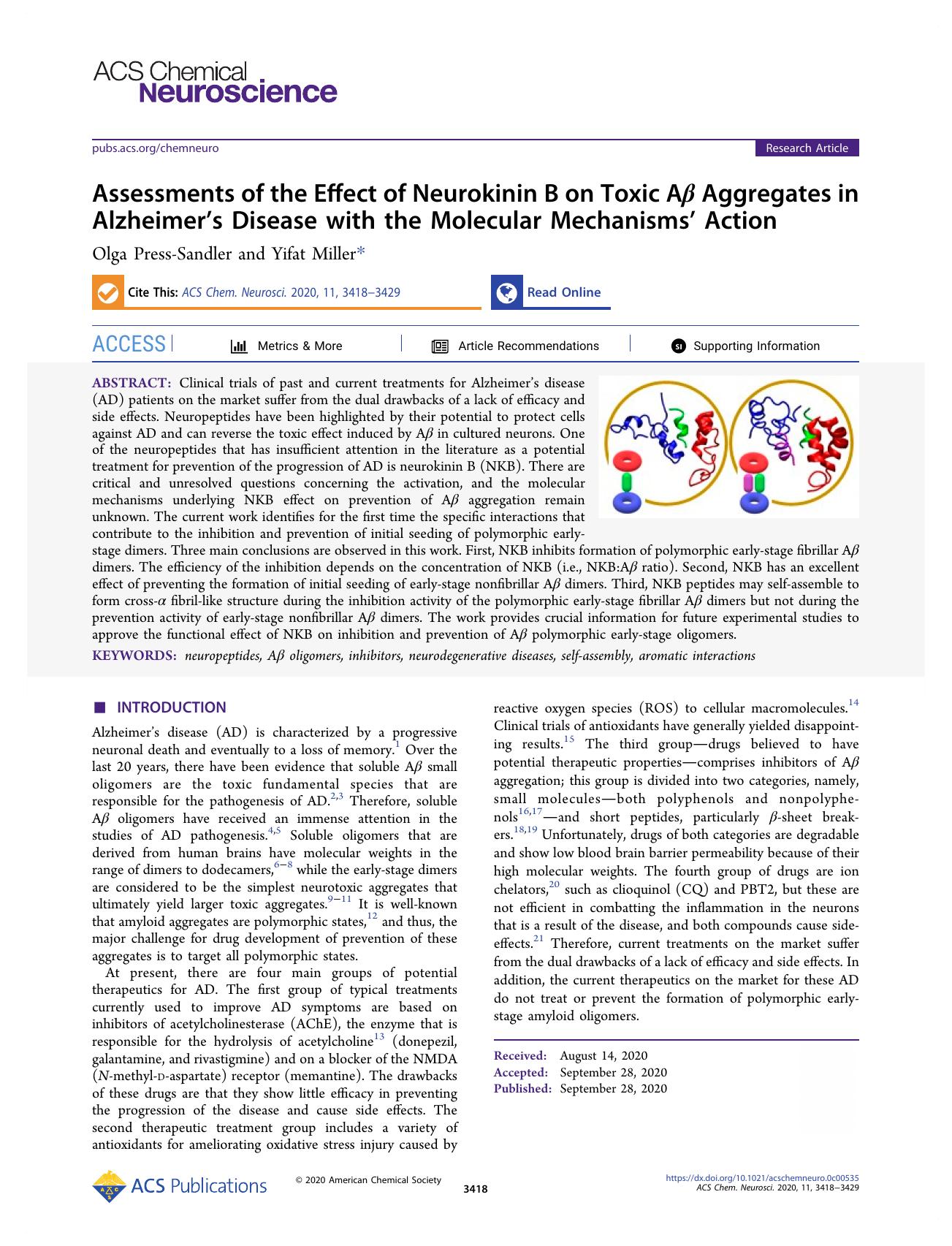Assessments of the Effect of Neurokinin B on Toxic AÎ² Aggregates in Alzheimerâs Disease with the Molecular Mechanismsâ Action by Olga Press-Sandler and Yifat Miller