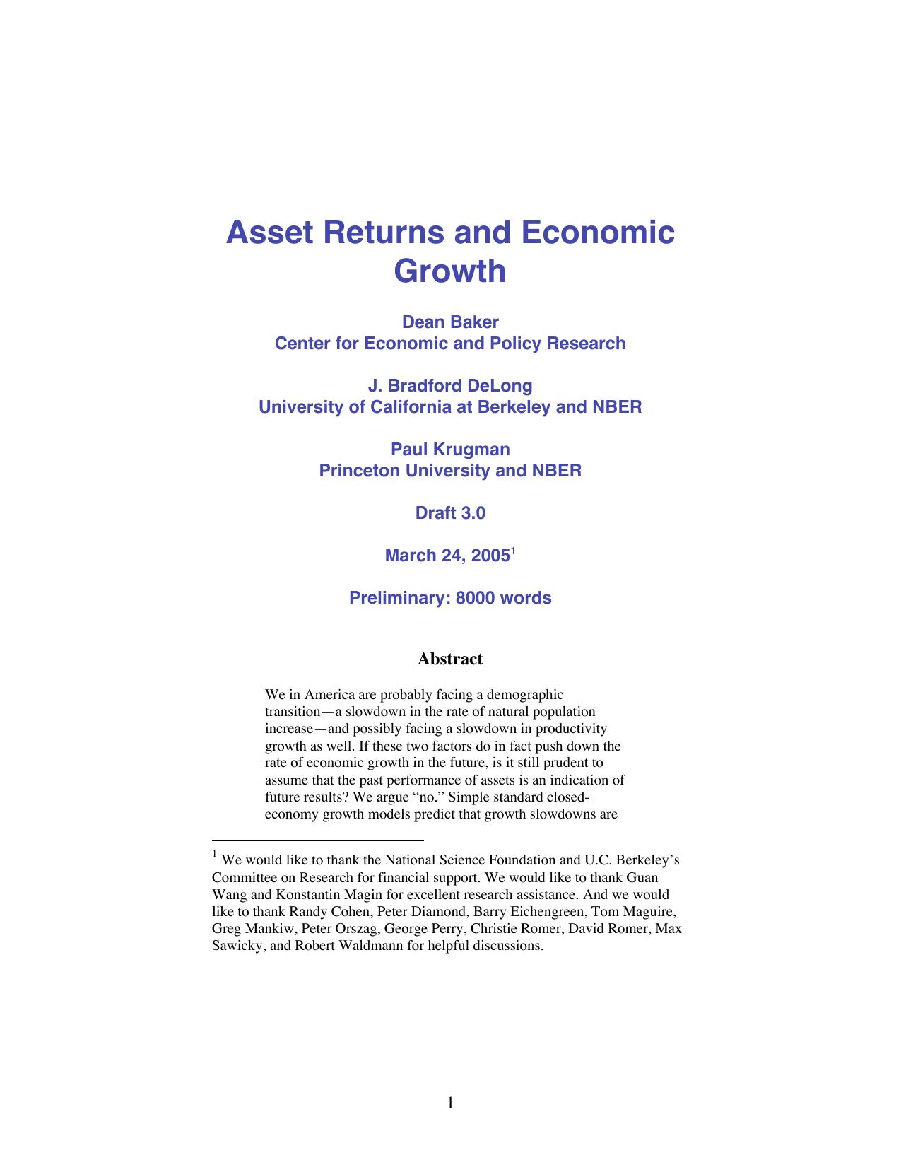 Asset Returns And Economic Growth by Unknown