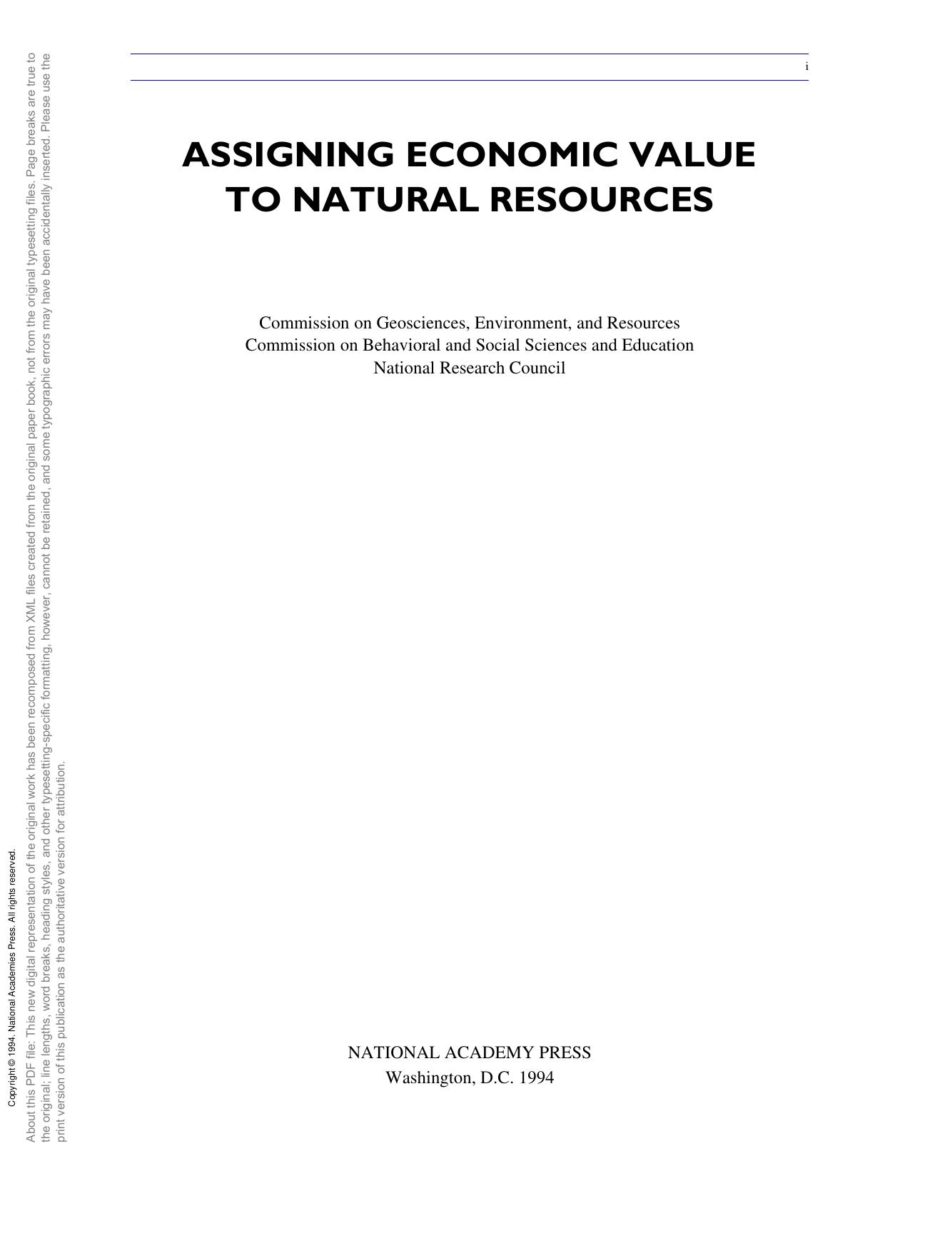 Assigning Economic Value to Natural Resources by unknow