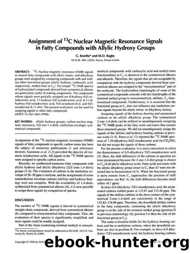 Assignment of <Superscript>13 <Superscript>C nuclear magnetic resonance signals in fatty compounds with allylic hydroxy groups by Unknown