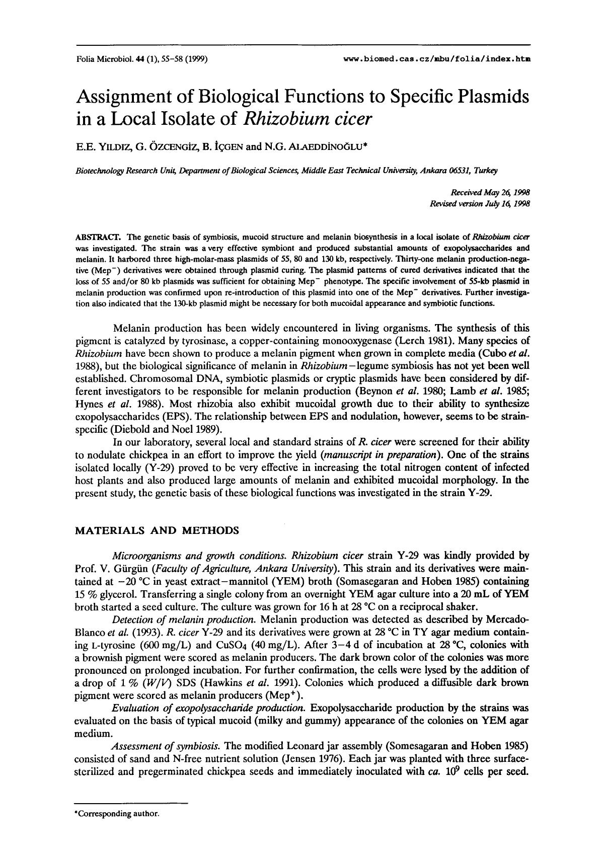 Assignment of biological functions to specific plasmids in a local isolate of <Emphasis Type="Italic">Rhizobium cicer <Emphasis> by Unknown