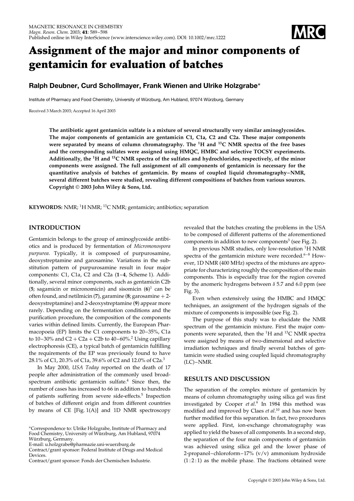 Assignment of the major and minor components of gentamicin for evaluation of batches by Unknown