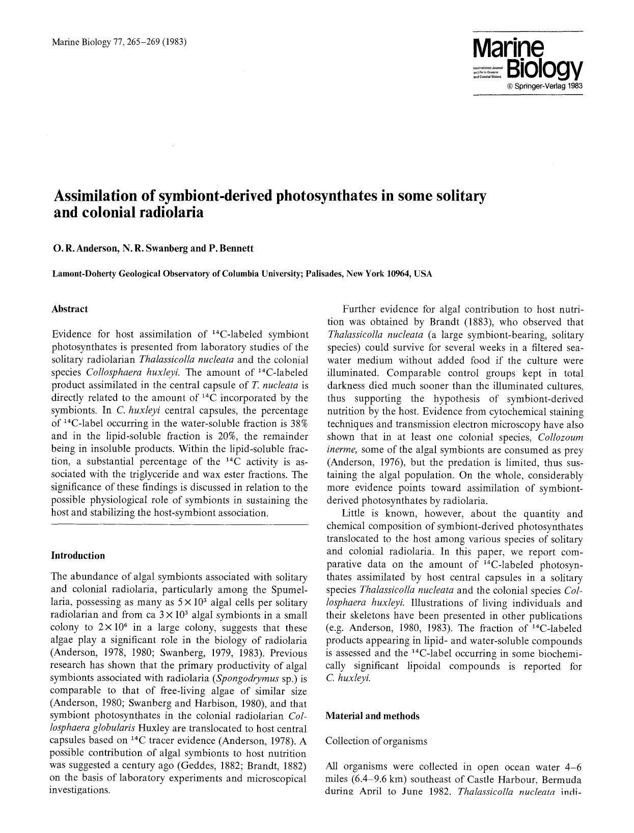 Assimilation of symbiont-derived photosynthates in some solitary and colonial radiolaria by Unknown