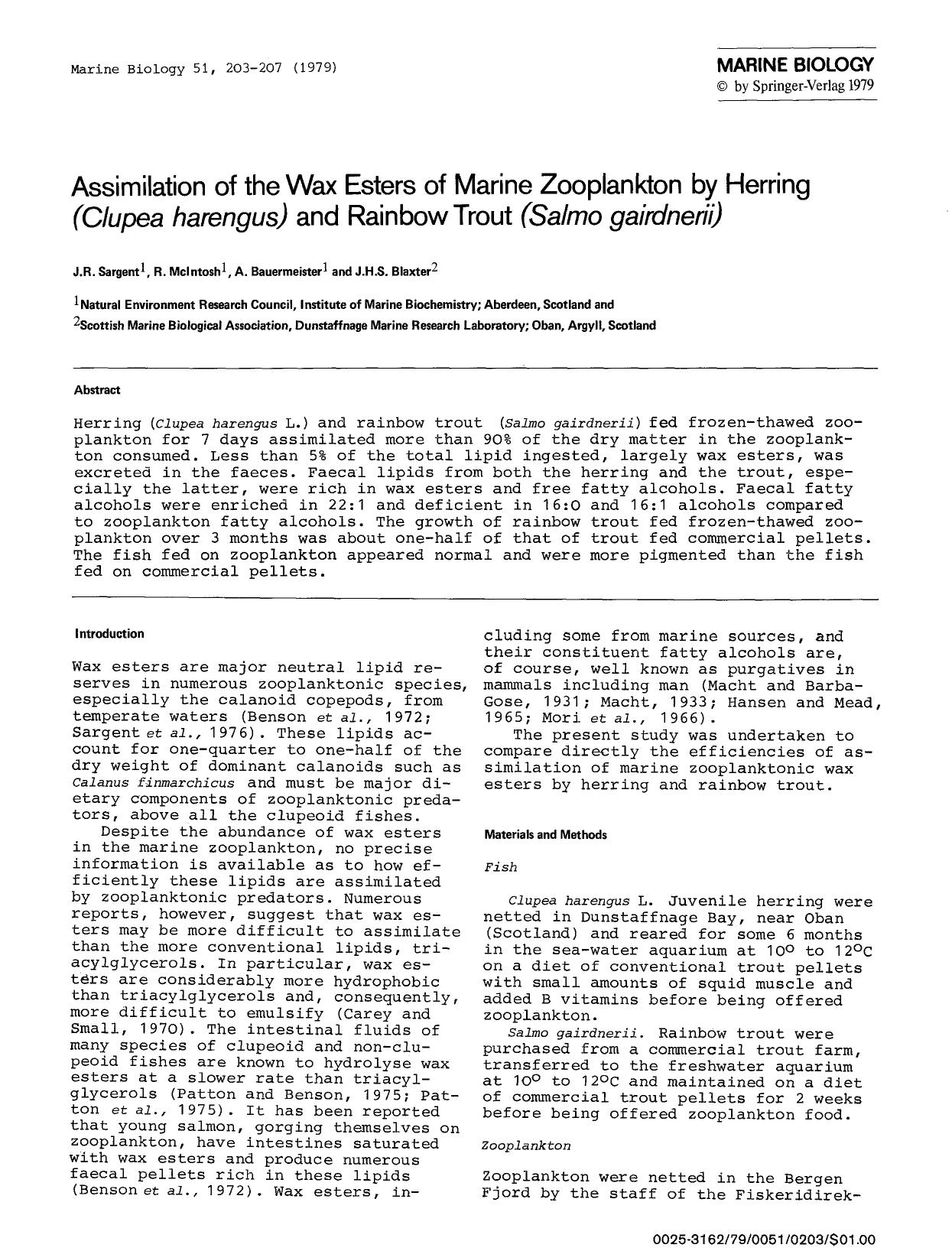 Assimilation of the wax esters of marine zooplankton by herring (<Emphasis Type="Italic">Clupea harengus<Emphasis>) and rainbow trout (<Emphasis Type="Italic">Salmo gairdnerii<Emphasis>) by Unknown