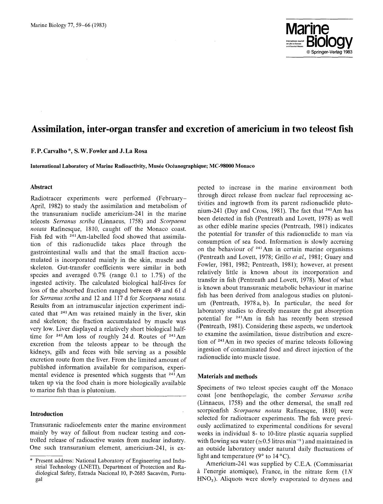 Assimilation, inter-organ transfer and excretion of americium in two teleost fish by Unknown