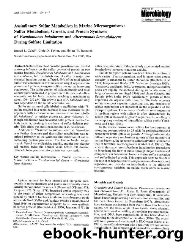 Assimilatory sulfur metabolism in marine microorganisms: Sulfur metabolism, growth, and protein synthesis of <Emphasis Type="Italic">Pseudomonas halodurans<Emphasis> and <Emphasis  by Unknown