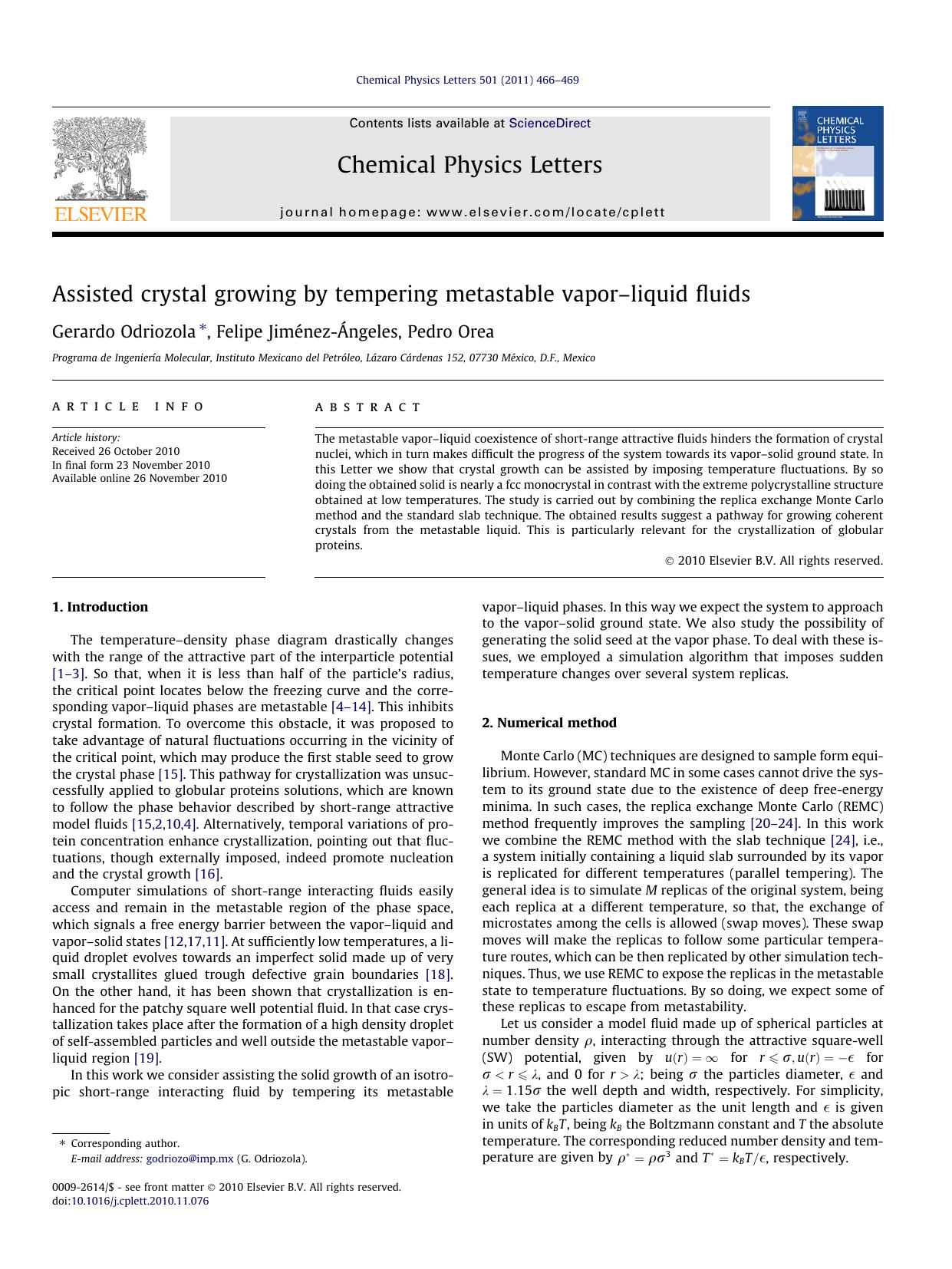Assisted crystal growing by tempering metastable vaporÃ¢â¬âliquid fluids by Gerardo Odriozola & Felipe Jiménez-Ángeles & Pedro Orea