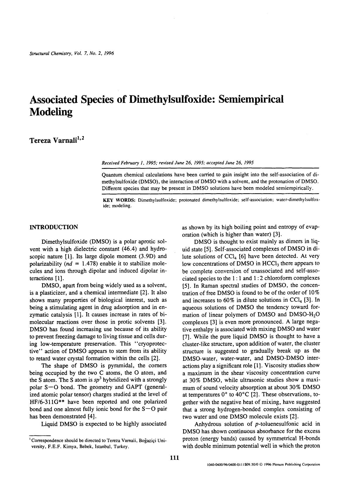 Associated species of dimethylsulfoxide: Semiempirical modeling by Unknown