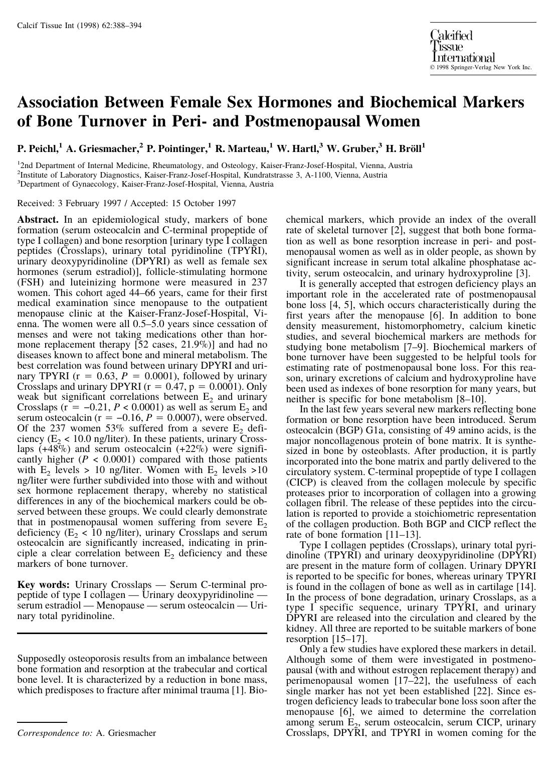 Association Between Female Sex Hormones and Biochemical Markers of Bone Turnover in Peri- and Postmenopausal Women by Peichl P. et al