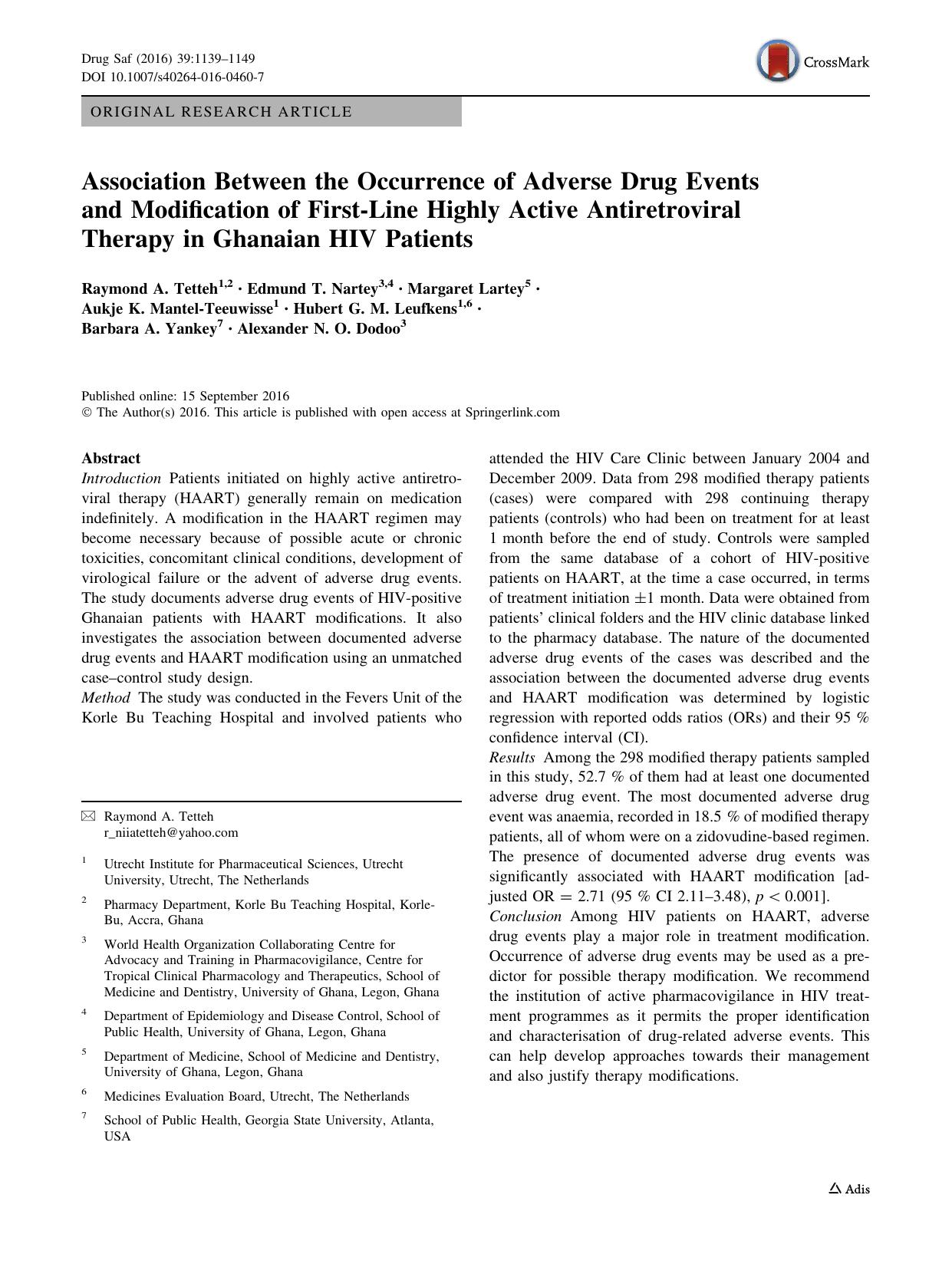 Association Between the Occurrence of Adverse Drug Events and Modification of First-Line Highly Active Antiretroviral Therapy in Ghanaian HIV Patients by unknow