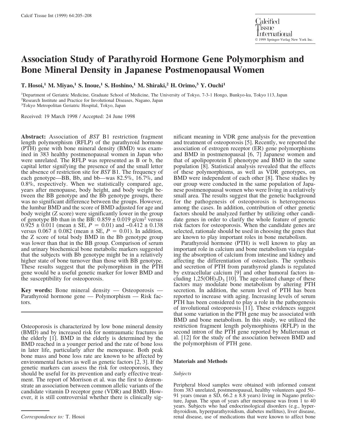 Association Study of Parathyroid Hormone Gene Polymorphism and Bone Mineral Density in Japanese Postmenopausal Women by Hosoi T. et al