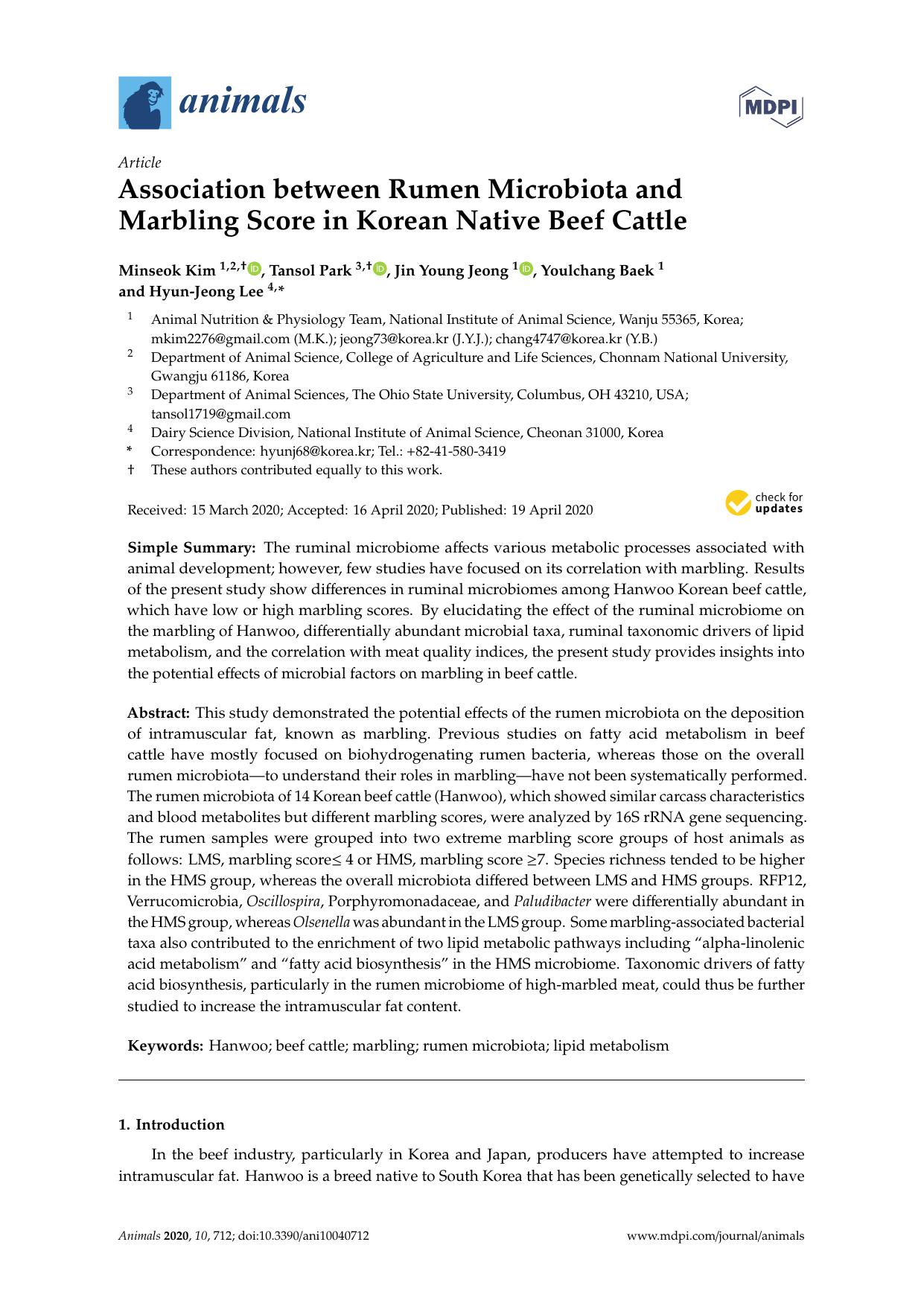 Association between Rumen Microbiota and Marbling Score in Korean Native Beef Cattle by Minseok Kim
