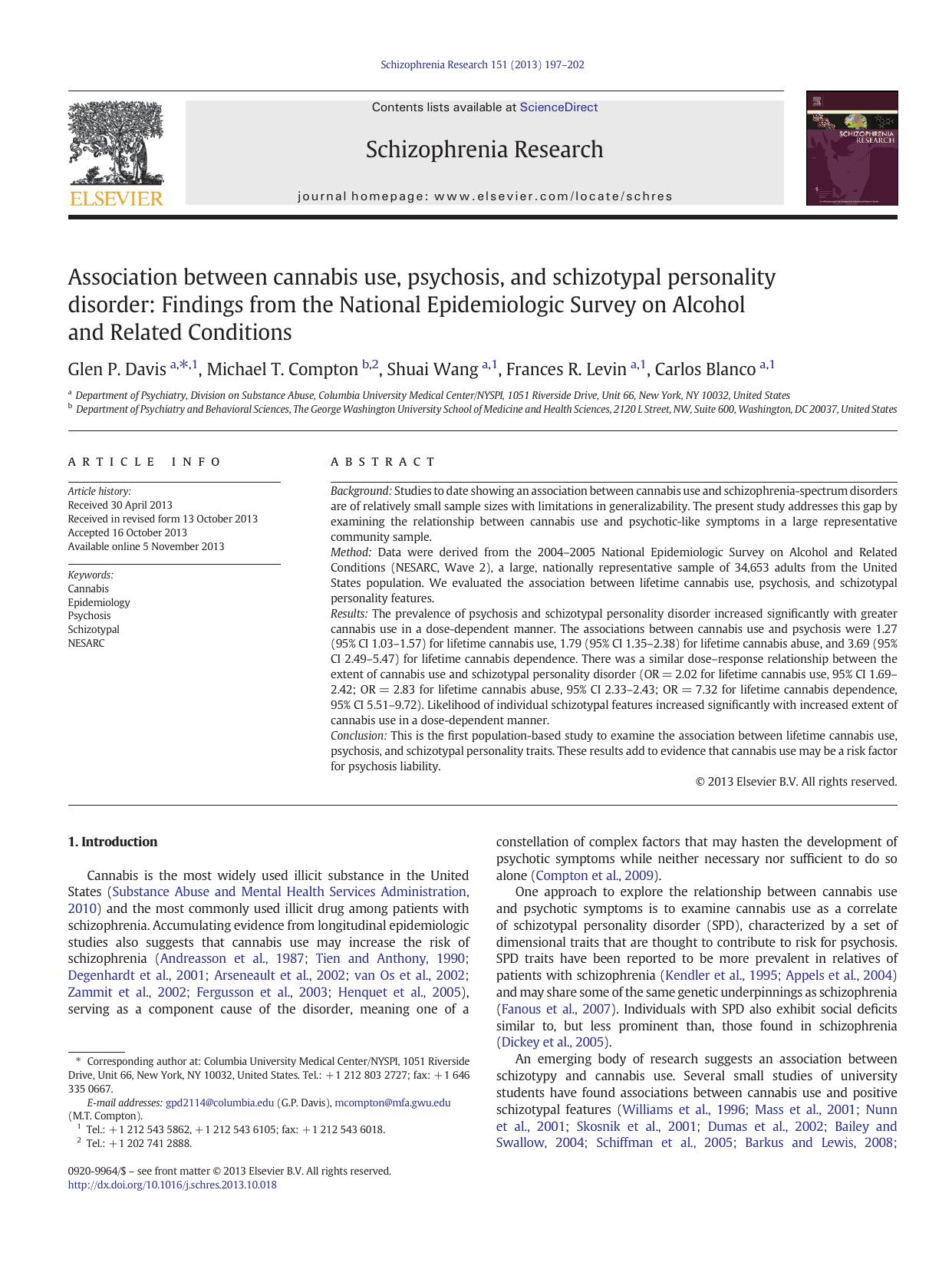 Association between cannabis use, psychosis, and schizotypal personality disorder: Findings from the National Epidemiologic Survey on Alcohol and Related Conditions by Glen P. Davis & Michael T. Compton & Shuai Wang & Frances R. Levin & Carlos Blanco