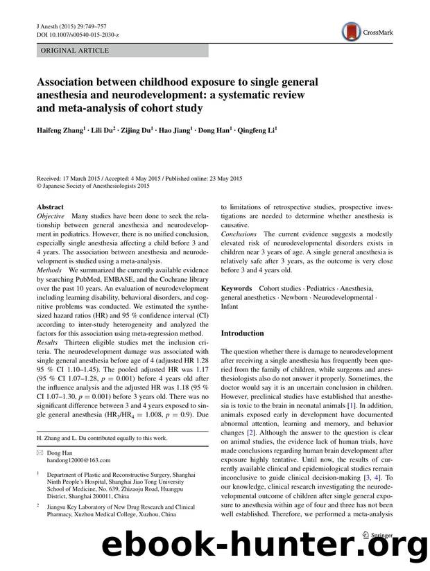 Association between childhood exposure to single general anesthesia and neurodevelopment: a systematic review and meta-analysis of cohort study by Haifeng Zhang & Lili Du & Zijing Du & Hao Jiang & Dong Han & Qingfeng Li