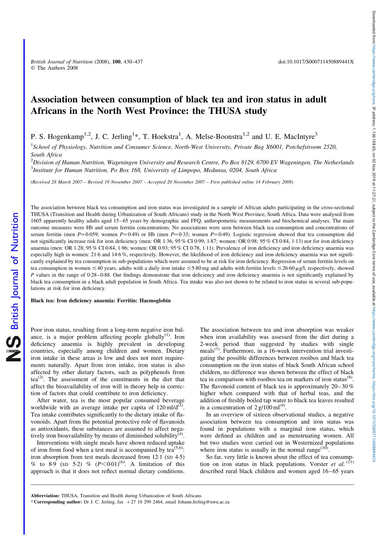 Association between consumption of black tea and iron status in adult Africans in the North West Province: the THUSA study by P. S. Hogenkamp J. C. Jerling T. Hoekstra A. Melse-Boonstra U. E. MacIntyre