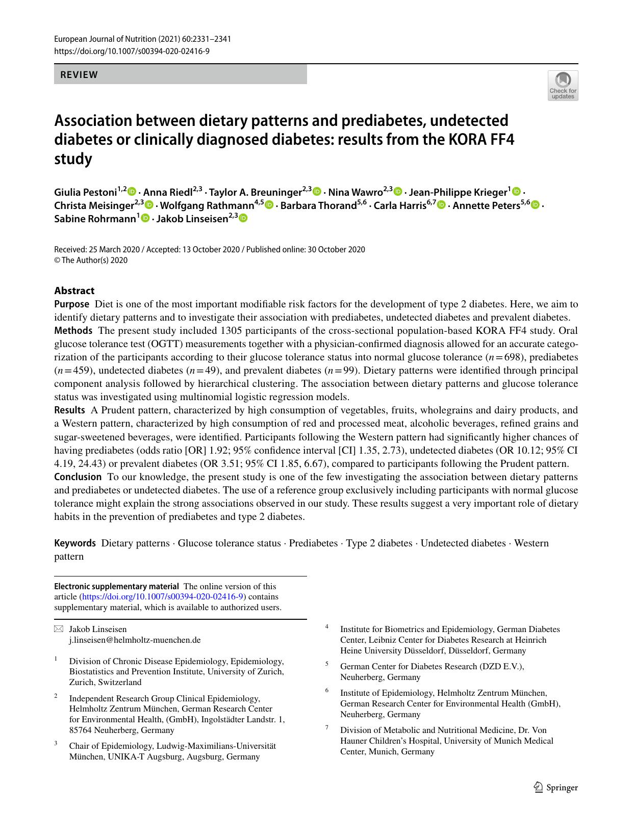 Association between dietary patterns and prediabetes, undetected diabetes or clinically diagnosed diabetes: results from the KORA FF4 study by unknow