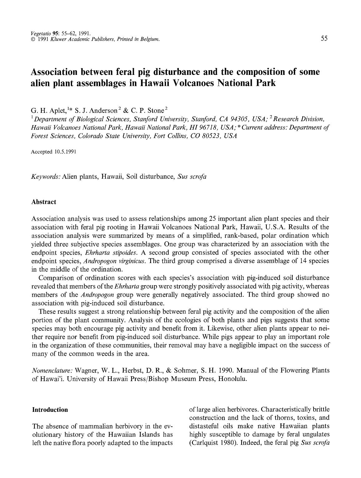 Association between feral pig disturbance and the composition of some alien plant assemblages in Hawaii Volcanoes National Park by Unknown