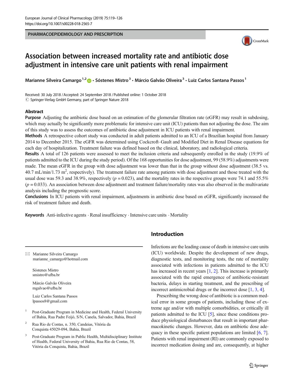 Association between increased mortality rate and antibiotic dose adjustment in intensive care unit patients with renal impairment by Marianne Silveira Camargo & Sóstenes Mistro & Márcio Galvão Oliveira & Luiz Carlos Santana Passos