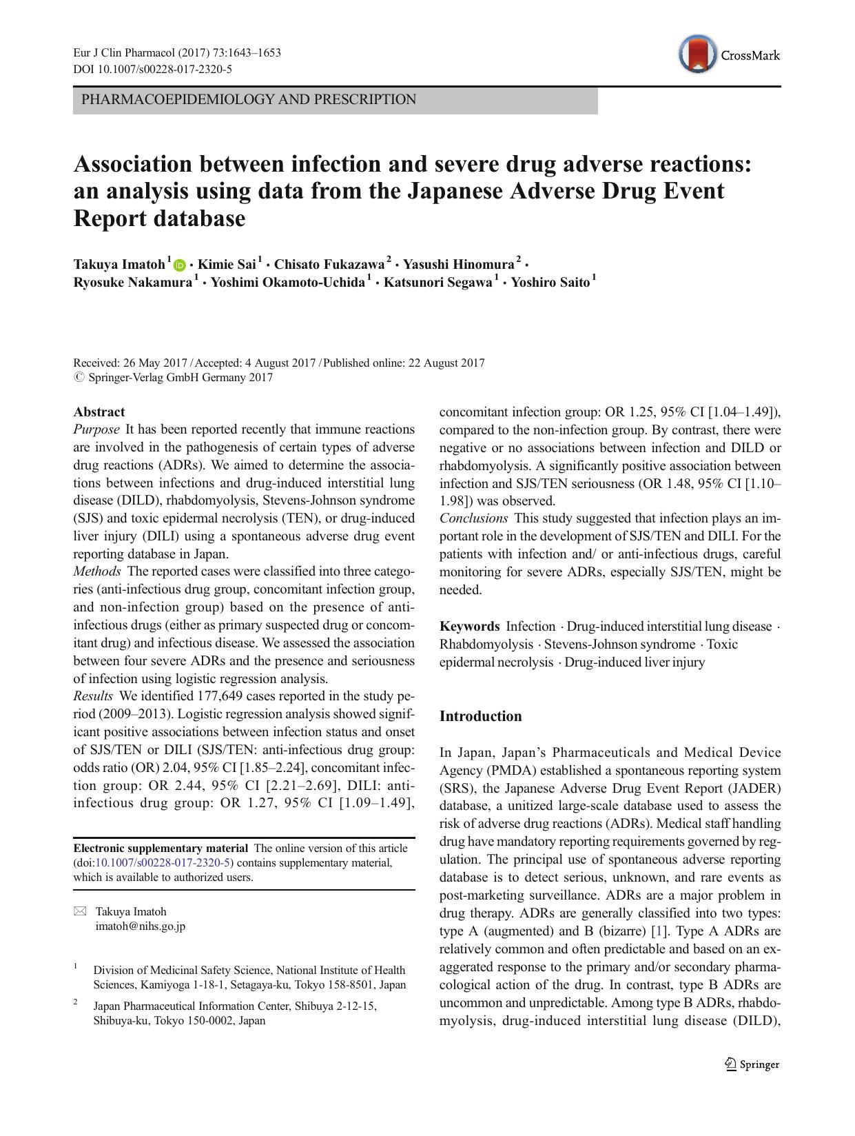 Association between infection and severe drug adverse reactions: an analysis using data from the Japanese Adverse Drug Event Report database by unknow