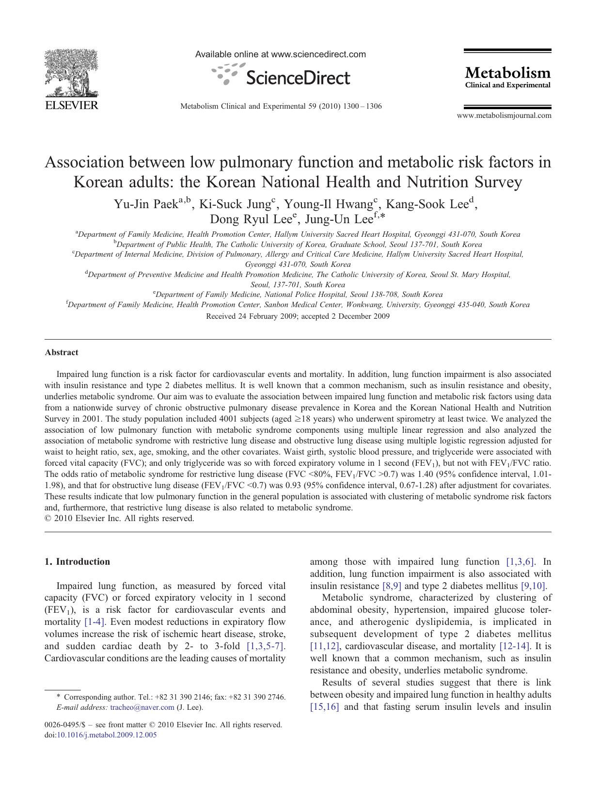 Association between low pulmonary function and metabolic risk factors in Korean adults: the Korean National Health and Nutrition Survey by Yu-Jin Paek & Ki-Suck Jung & Young-Il Hwang & Kang-Sook Lee & Dong Ryul Lee & Jung-Un Lee