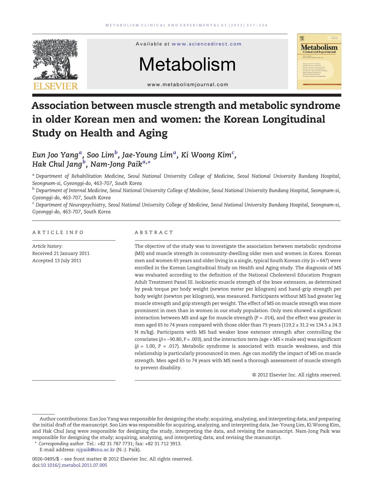 Association between muscle strength and metabolic syndrome in older Korean men and women: the Korean Longitudinal Study on Health and Aging by Eun Joo Yang
