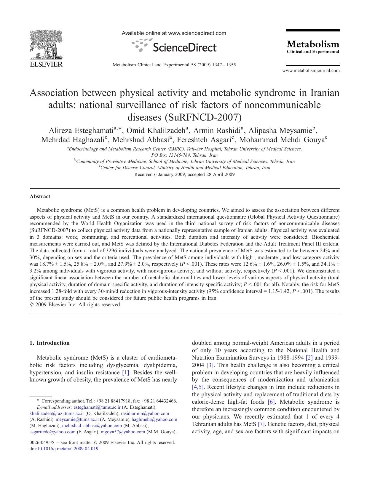 Association between physical activity and metabolic syndrome in Iranian adults: national surveillance of risk factors of noncommunicable diseases (SuRFNCD-2007) by unknow