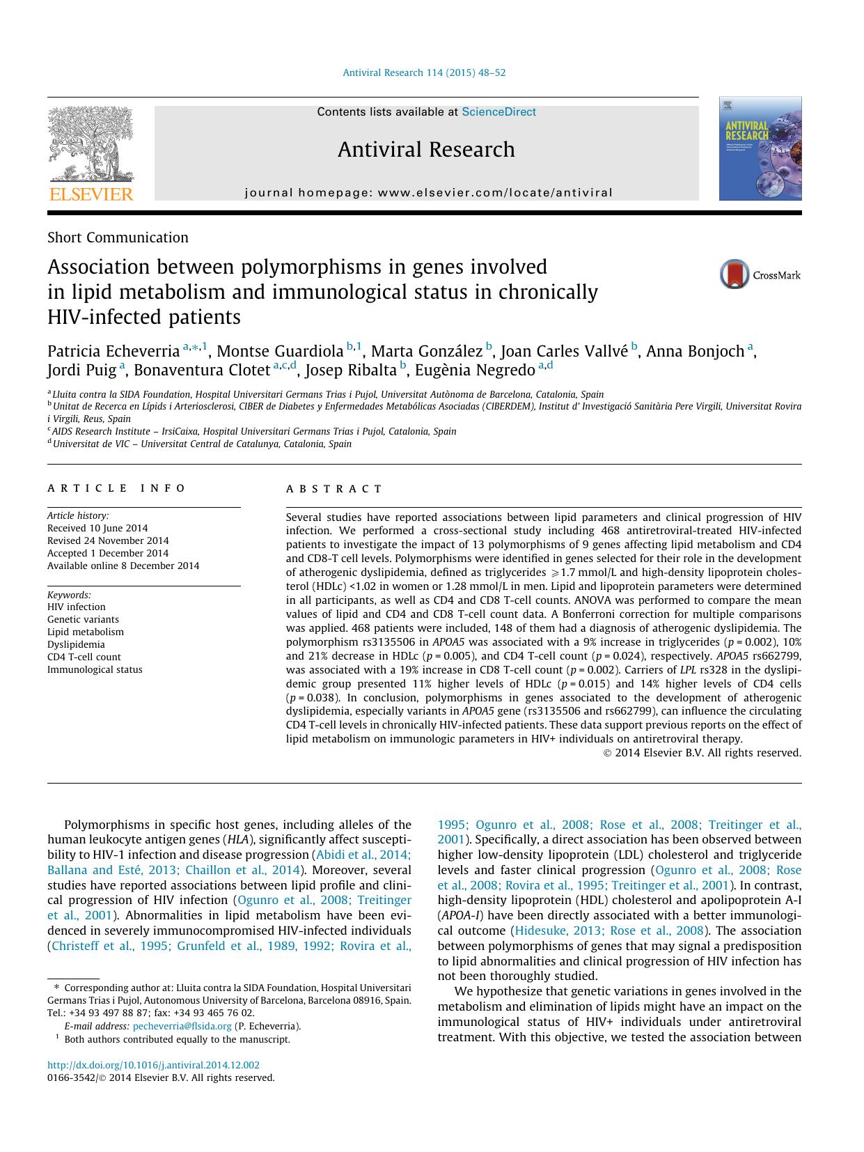 Association between polymorphisms in genes involved in lipid metabolism and immunological status in chronically HIV-infected patients by unknow