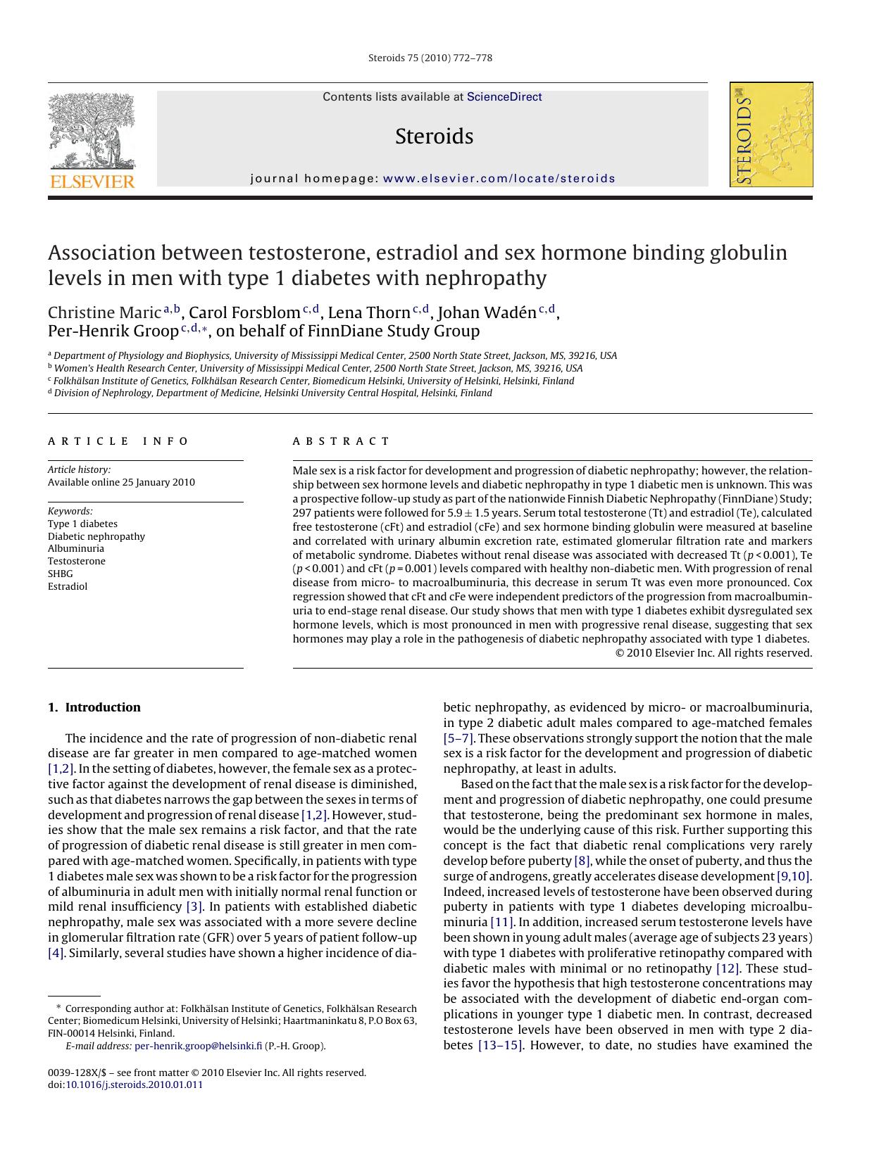 Association between testosterone, estradiol and sex hormone binding globulin levels in men with type 1 diabetes with nephropathy by Christine Maric